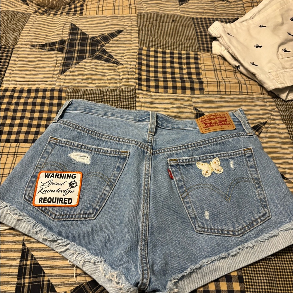 Levi's Light Blue Denim Cutoff Shorts with Patch & Butterfly rare unique shorts
